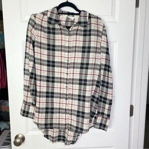 New Caslon Nordstrom Plaid Button Front Oversized Tunic Top Women’s Size S Ivory
